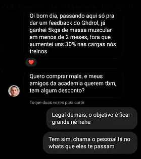 Depoimento WhatsApp GHDROL: 5kg de massa muscular em 2 meses
